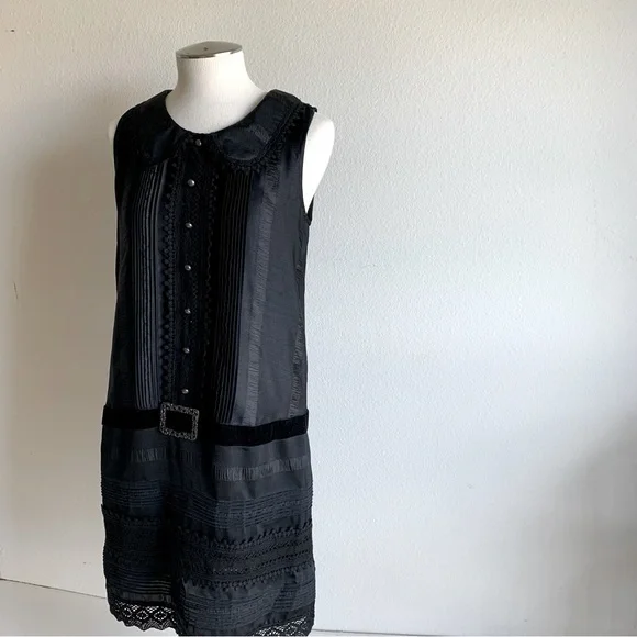 Anna Sui black vintage inspired dress, sleeveless, low waist, w/ lace velvet.‎ S - Picture 2 of 16